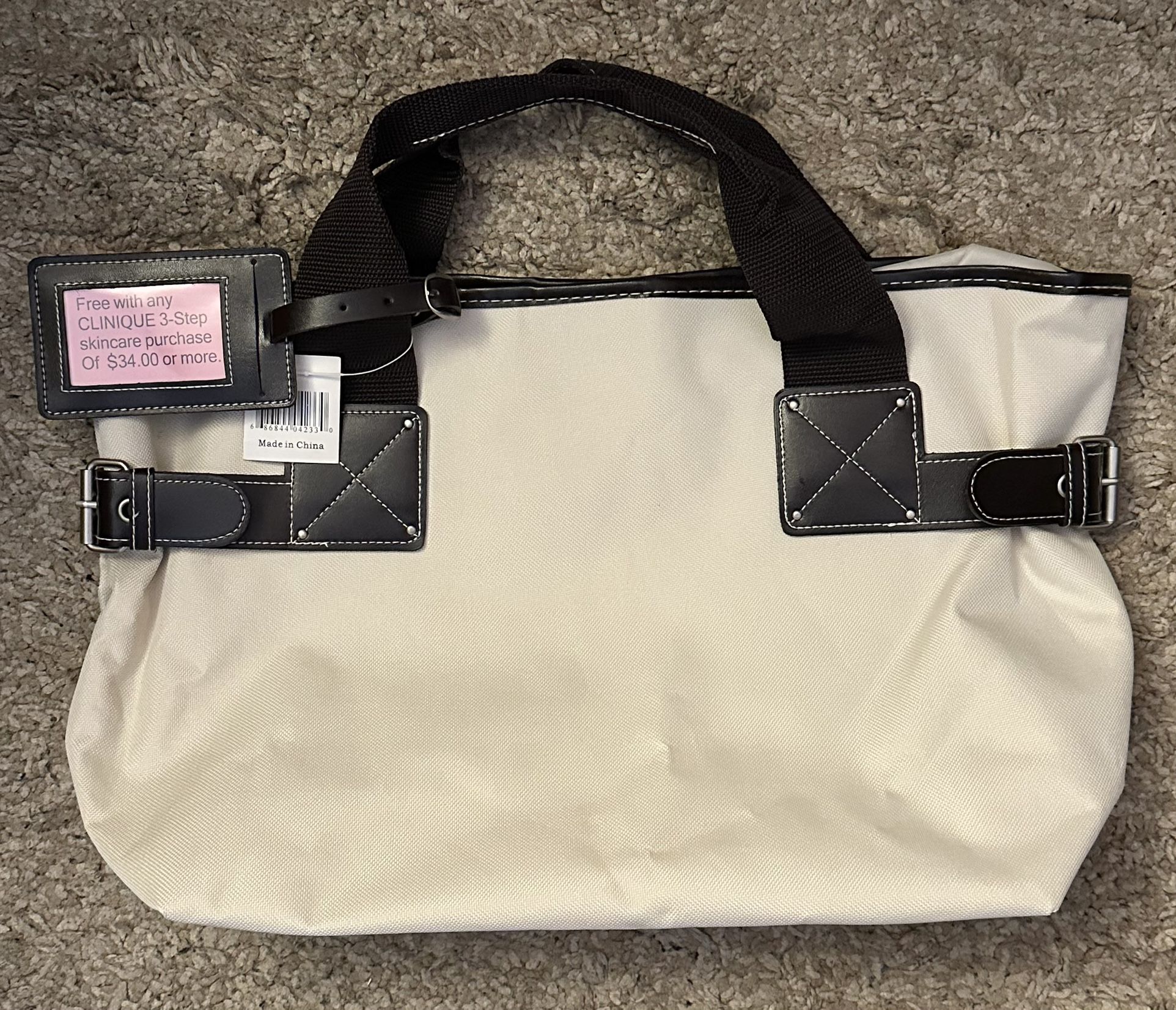 Clinique Promo Off-White Medium Snap Button Tote Bag w/ Top Handles/Side Buckles