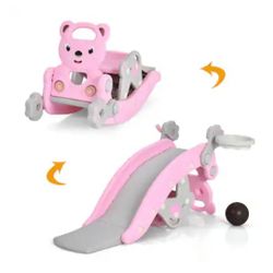 4-in-1 Rocking Horse & Slide Set Toddler Slide Playset w/Basketball Hoop - Pink