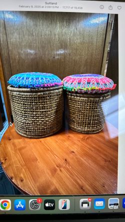 Set Of Two Rattan Stools With Boho Cushions