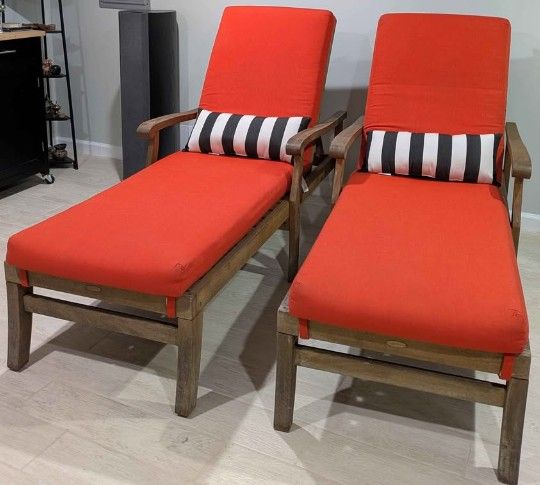 Vintage Crate And Barrel Outdoor Chaise Loungers - set of two - Solid Roble Wood + Sunbrella Cushions