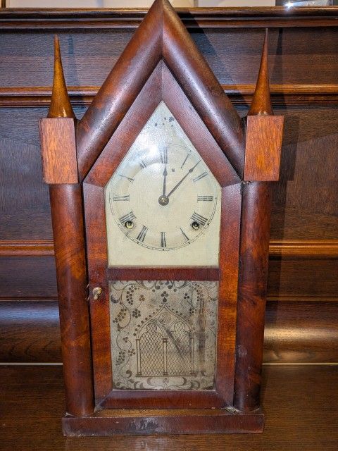 Chauncey Jerome antique gothic steeple clock from about 1850 To 1870. Seems to work great! (But only started running it today.) Beautiful wood case