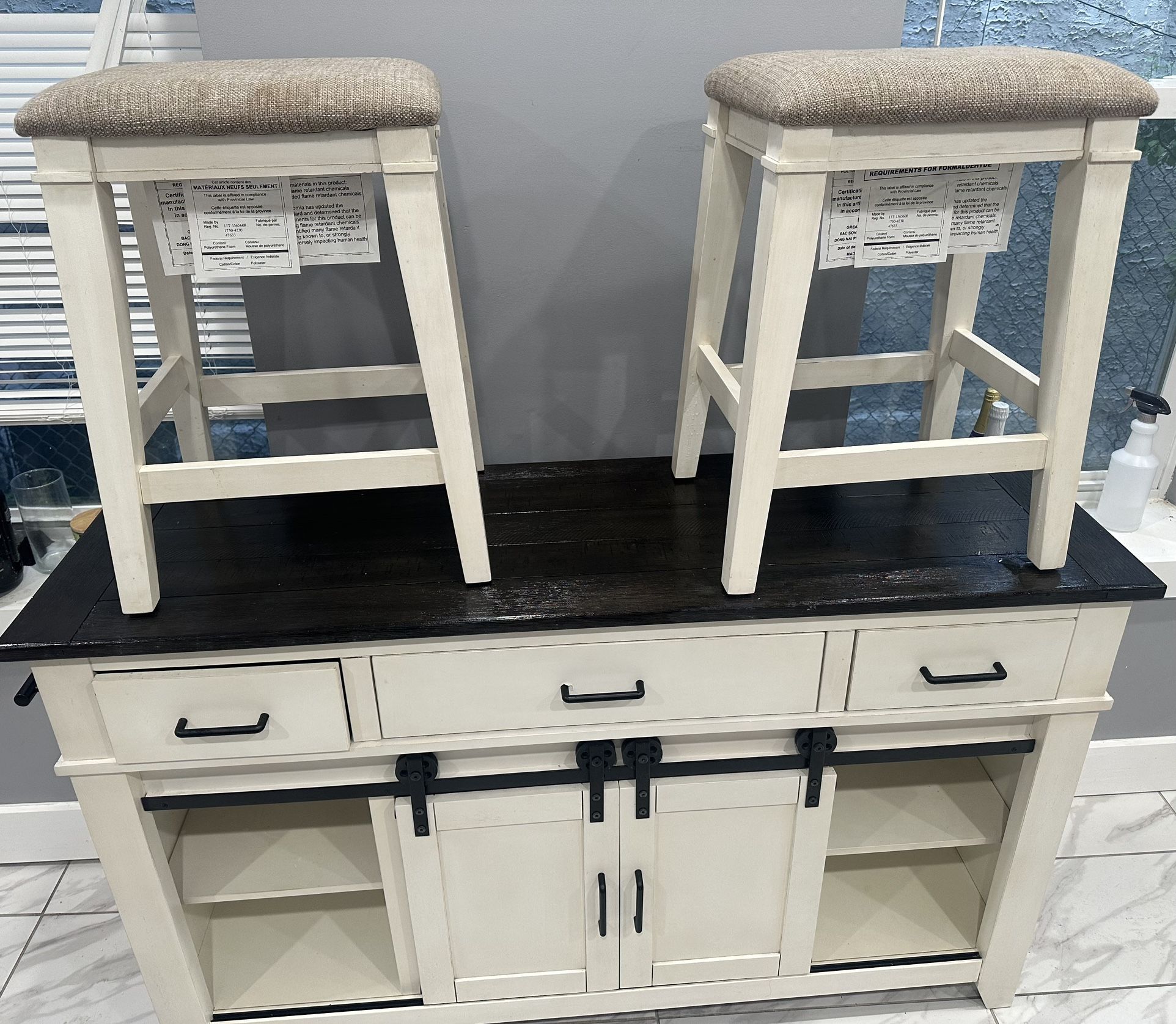 Kitchen Island With Foldable Table , Storage & Benches