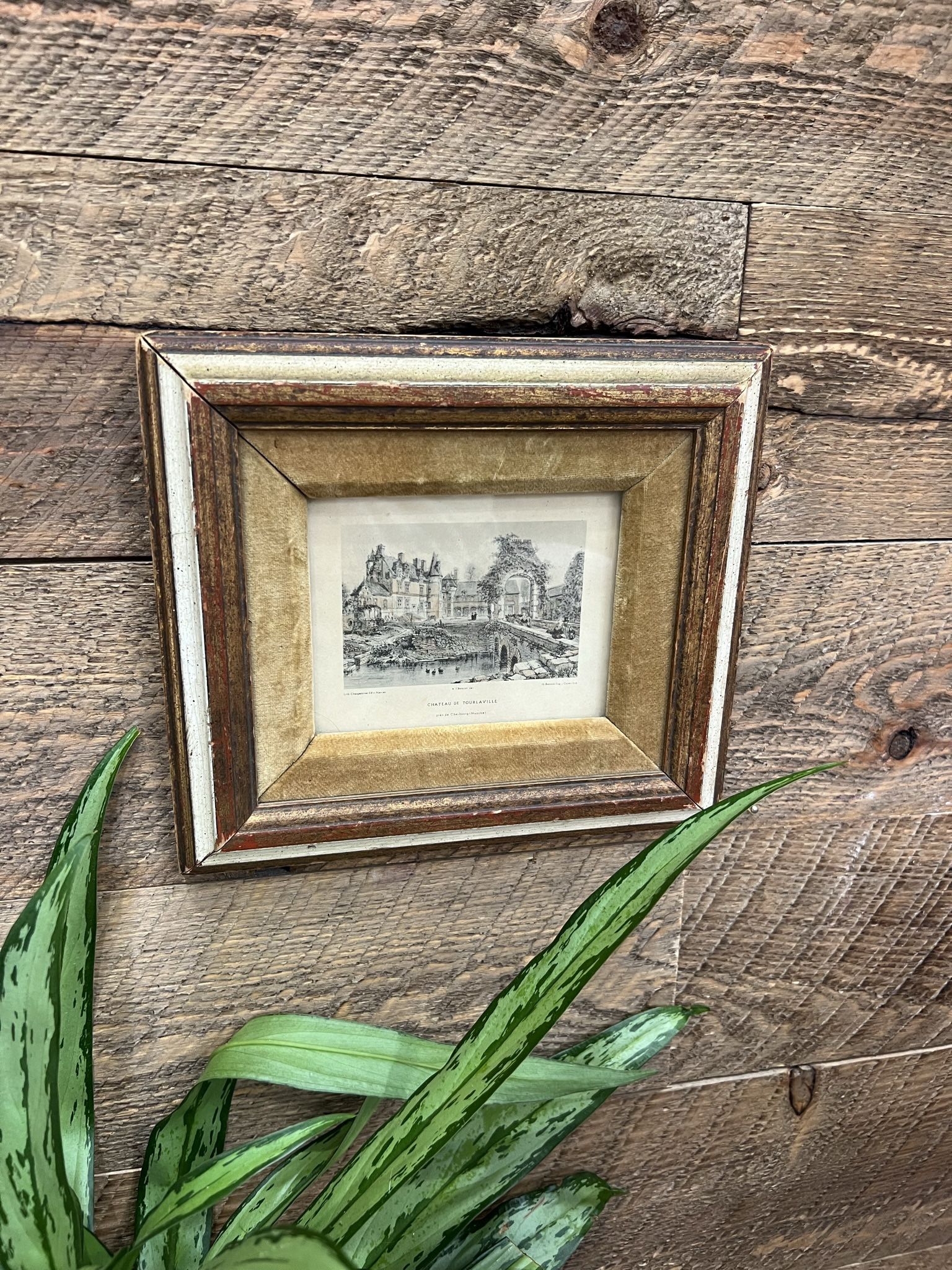 Vintage Chateau De Tourlaville Ravalet Framed Lithograph Art Drawing Etching French Velvet