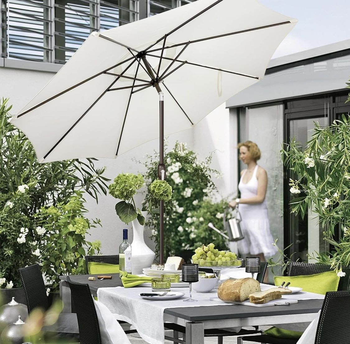 9' Outdoor Patio Umbrella with & Sturdy Ribs, Push Button Tilt and Crank - Creamy White