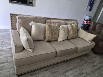 Beige Fabric Sofa with Nailhead Trim