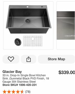 Glacier Bay 33 in. Drop-In Single Bowl Kitchen Sink , Gunmetal Black PVD Finish, 18 Gauge 304 Stainless Steel