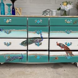 Stunning Teal White Peacock Dresser High End 