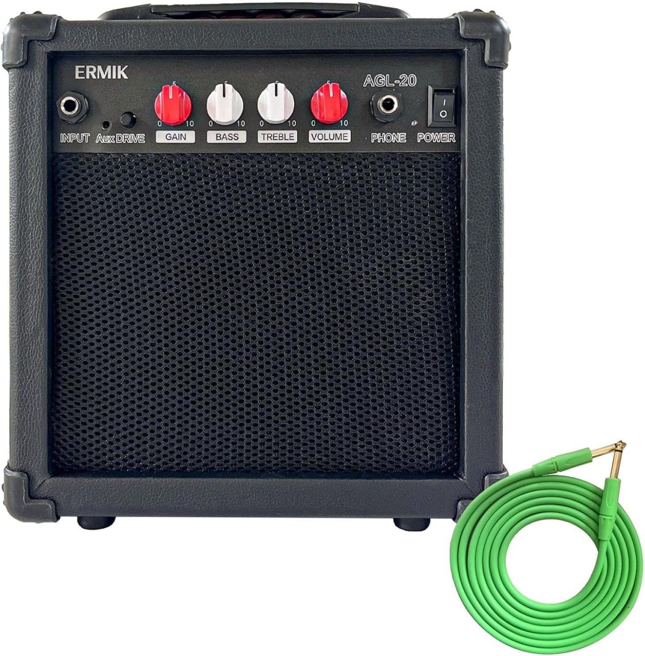 Ermik Electric Guitar Amp 20W Electric Guitar Amplifier Built in Speaker Headphone Jack Input and Aux JackDrive Button 4 Knobs Gain Bass Treble 