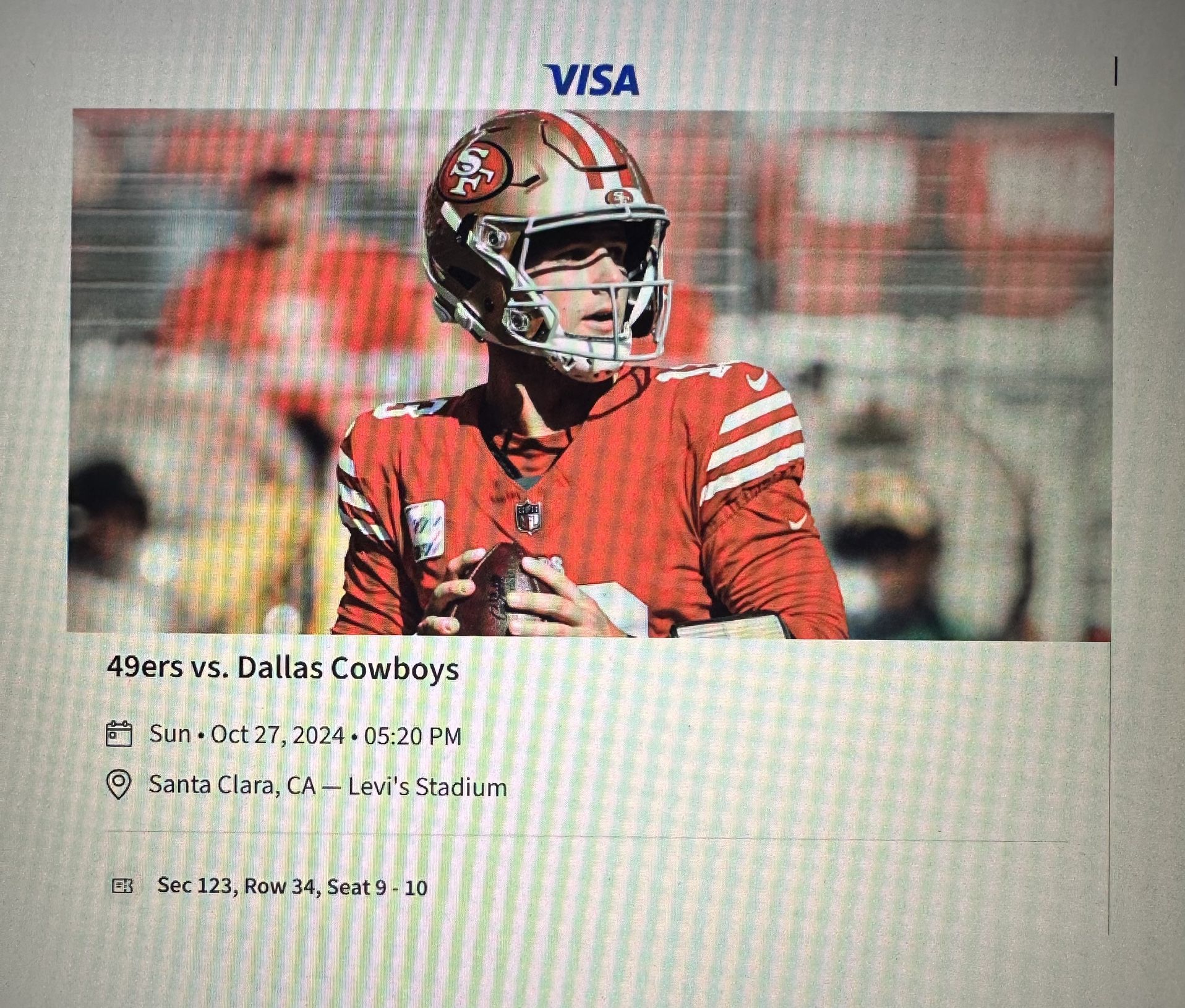 Niners Tickets Against Cowboys! Great Seats! $425/ea. Section 123, Row 34, Seats 9 & 10