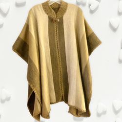Soft Alpaca Hand-knitted Poncho Collar Double Coconut Buttons Open Style, Color Brown & Beige, Unisex.Handmade Imported 