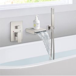 Wall Mount Waterfall Tub Spout Faucet Single Handle Tub Filler   Nickel C70
