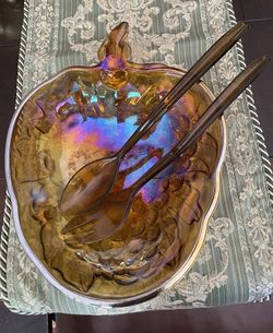 Carnival Glass Bowl with Serving Utensils