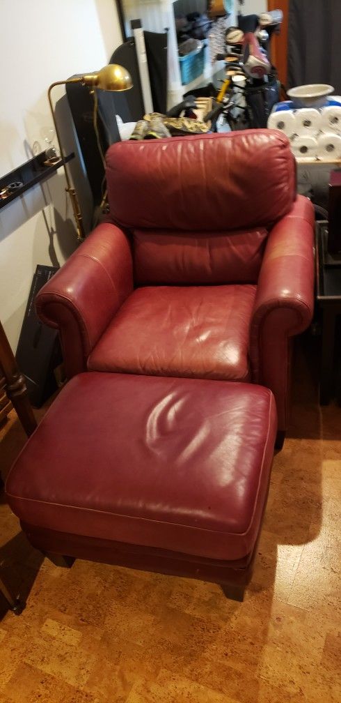 Genuine Red Leather Lounge Chair And Ottoman