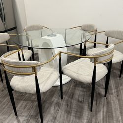Round Glass Top Pedestal Dining Table With Six Chairs 