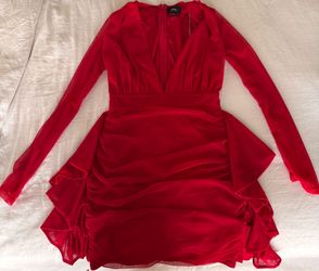 Red Long-Sleeve V-Neck Ruffle Dress