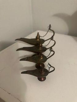 Vintage Etched Brass Aladdin Oil Lamp 4 Pcs Set Incense Burner Home Decor Gift