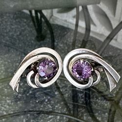 Vintage Sterling Amethyst Swirl Design Screw back Earrings.