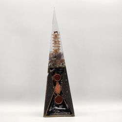 XL Orgonite Pyramid EMF Protection – One of a Kind Energy Tower with Moonstone, Shungite, Selenite, Agate & Copper Coil

