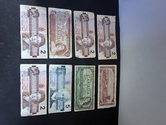 8 Vintage Canada Banknotes Lot $1 $2 $5 Queen Elizabeth Canadian Currency