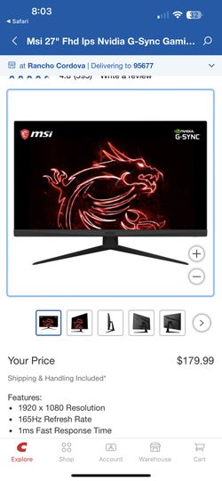 Msi 27 Monitor 165 hz nvidia g sync 1 ms 