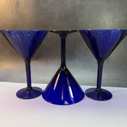 Set of (3) Pier 1 large Martini glasses. Cobalt Blue. Elegant Drinking Bar Ware Stemware. 
