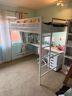 Bunk bed Loft Bed Full size White metal with desk and corner shelf