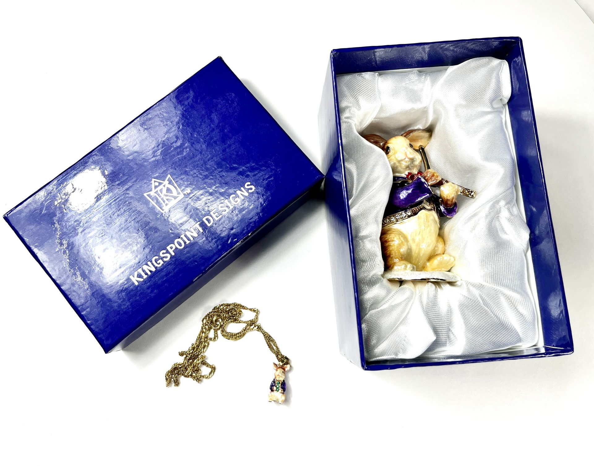 Kings Point Designs Enamel Bejeweled Rabbit & Necklace Trinket Jewelry Box Figurine 62467
