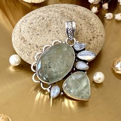 Prehnite, Rainbow Moonstone And Opalite 925 Sterling Silver Overlay Pendant