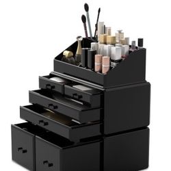 Makeup Organizer 3 Pieces Cosmetic Storage Case with 6 Drawers (Black)
