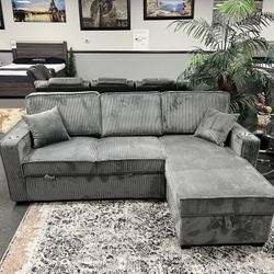 Gray Sofa Sectional w/ Pull-out Sleeper & Storage In Chaise 