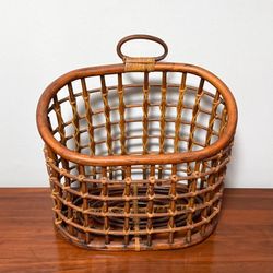 Vintage 1950s Mid Century Bentwood Bamboo Cane Rattan Oval Italian Design Basket Magazine Holder