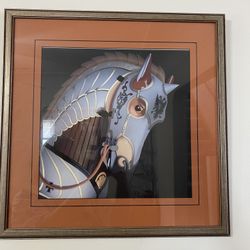 Carousel Armored Horse Print Glass Framed. 