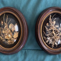 2 Vintage 24K Gold Encased Floral Hawaiian Ferns Orchid Flowers 5x4”