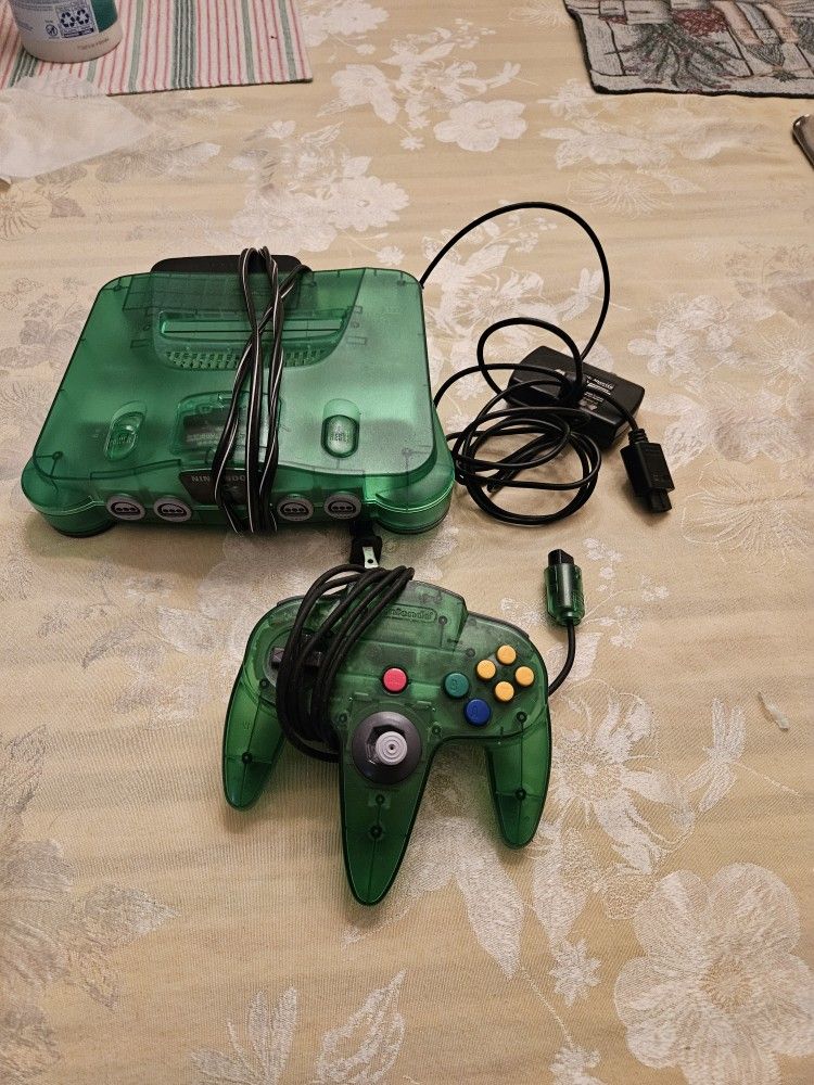 n64 rare green with controller and jumper