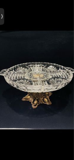 Antique Lead Crystal & Brass Divided Footed Dish 1900’s