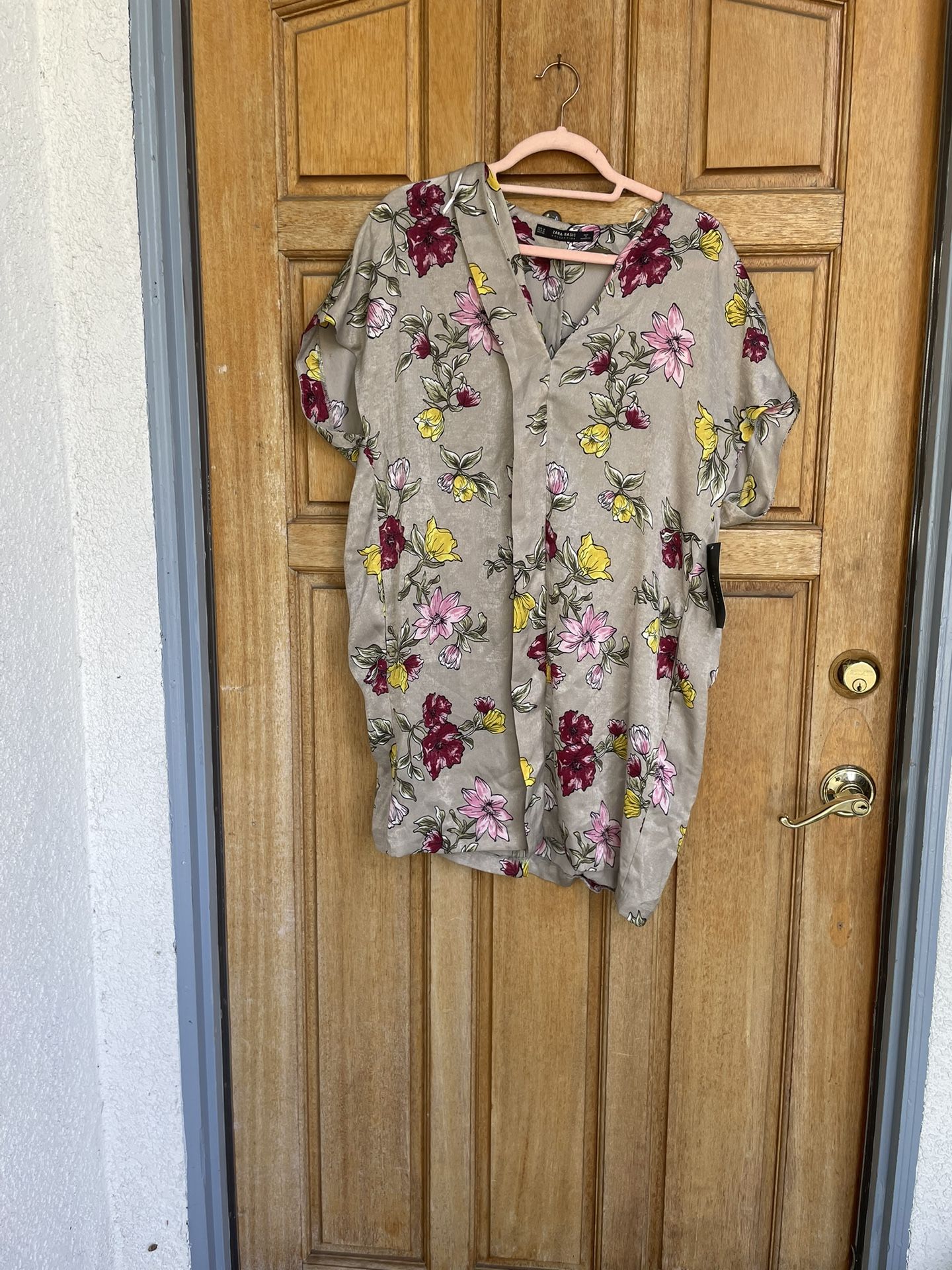 Zara Basic Floral Print Tunic Shift Mini Dress M Sleeveless