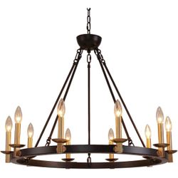 Q&S Black and Gold Wagon Wheel Chandeliers,Rustic Vintage Antique Farmhouse Chandelier Pendant Light Fixtures for Kitchen Island Dining Room Foyer Cof