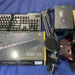 Pc Items Keyboards, Headphones, Mic Stand, Mouse, X Box Controller 