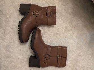 Women’s Brown Ankle Bootie Faux Leather Round Toe Zip Buckle W 8