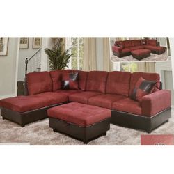 Red Microfiber Sectional Couch And Ottoman
