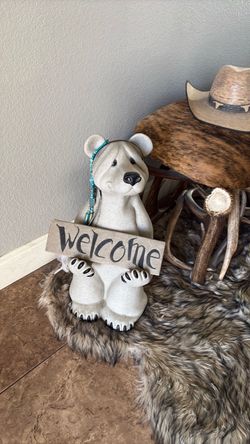 Bear Figurine with Welcome Sign and Seasons Greeting from Quarry Critters 2000