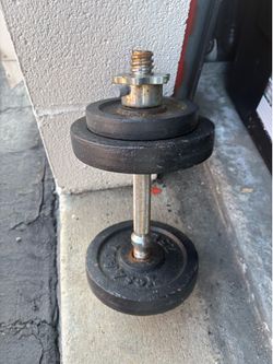 Adjustable dumbbell with metal plates.