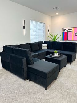 *New 9Piece Modular Black Velvet Sectional Sofa With Storage
