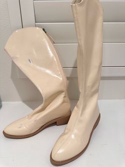 Cream Patent Leather Knee-High Boots