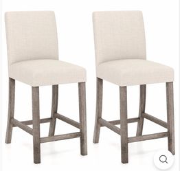 Set Of 2 Counter Height Modern Fabric Bar Stools with Back, Footrest & Solid Wood Legs