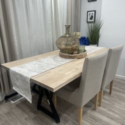 SLIGHTLY USED DINING TABLE AND BENCH 