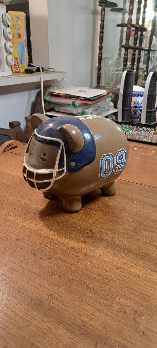 Large Piggy Bank Shaped Like A Football W/Laces & Helmet- Ceramic 