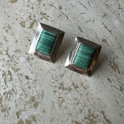 Sterling Sliver Vintage Malachite Rectangular Stud Post Earrings 