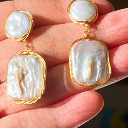 18K Gold Vermeil Wire Hand Wrapped Natural Baroque And Pearl drop Earrings