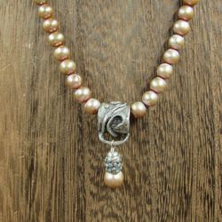 16 Inch Sterling Silver Cream Brown Genuine Pearls Tarnished Necklace